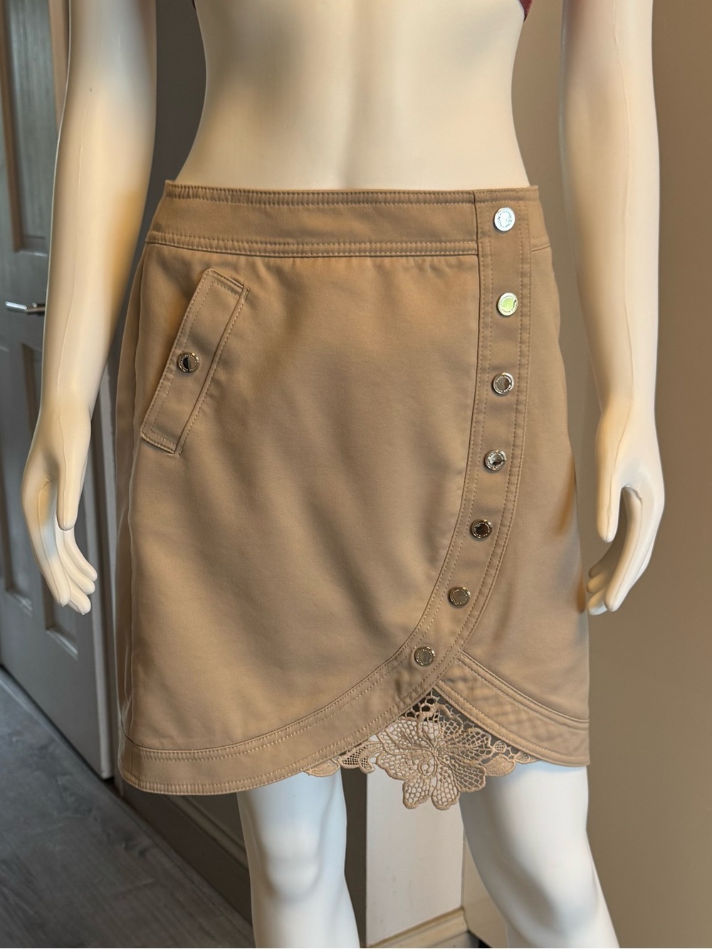 White House Black Market Tan Curved-Hem Mini Skirt with Lace Trim